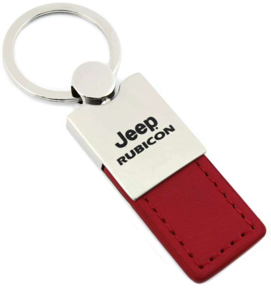 Jeep Rubicon Red Leather Long Tab Logo Key Ring - Click Image to Close